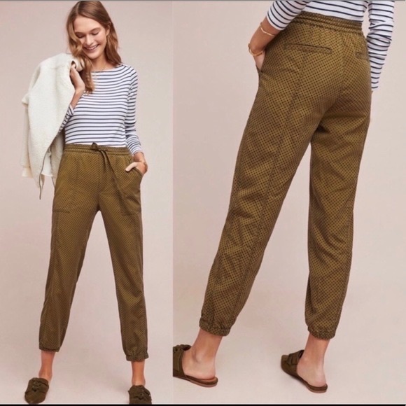 Anthropologie Pants - Olive & navy polka dot joggers